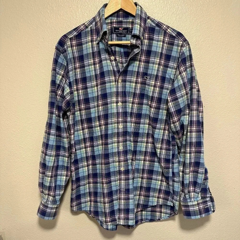 Vineyard Vines Cotton Whale Shirt in Blue Plaid Men's Small